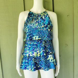 JACKIE JON Blue Satin Print Tiered Chain Strap Top